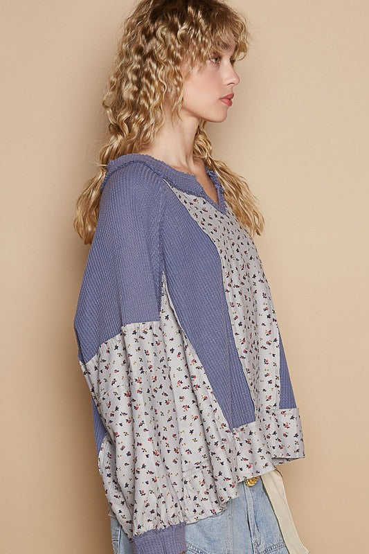 POL Waffle Knit Floral Notched Long Sleeve Top - NeoKira Unlimited