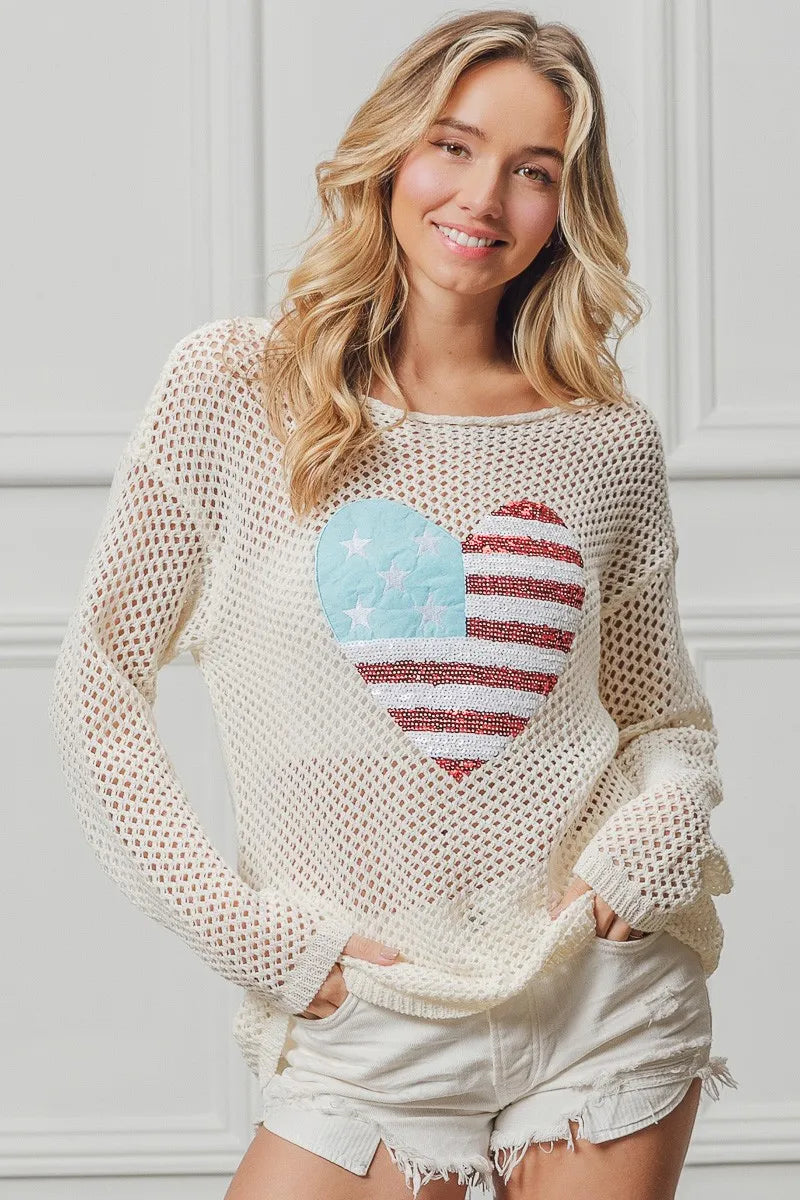BiBi Sequin American Flag Heart Knit Up - NeoKira Unlimited