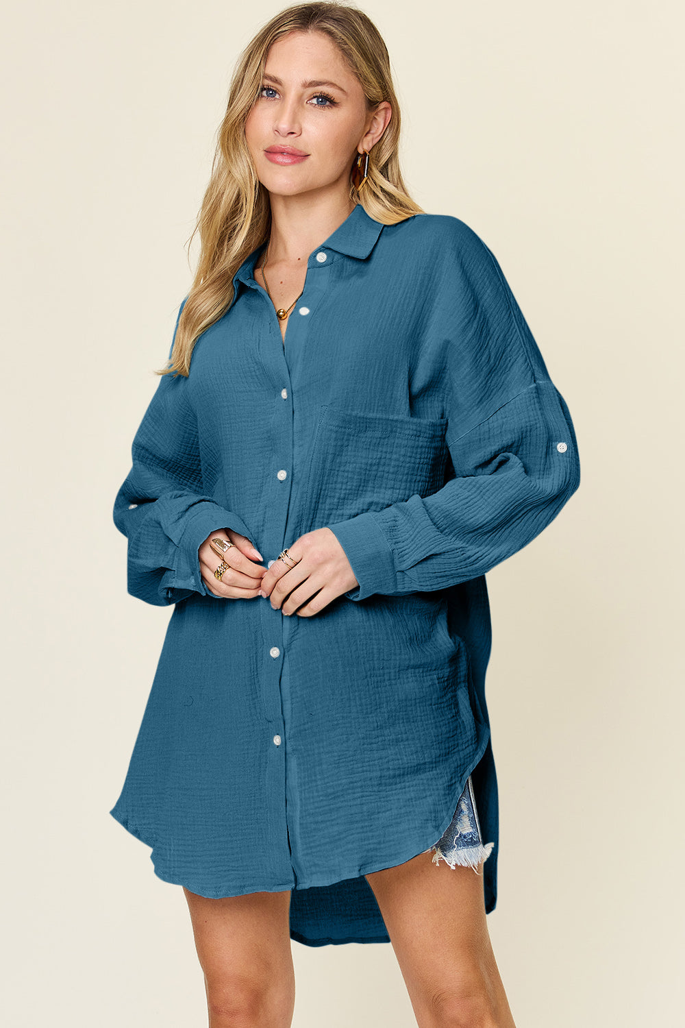 Double Take Full Size Pocketed Texture Button Up Shirt - NeoKira Unlimited