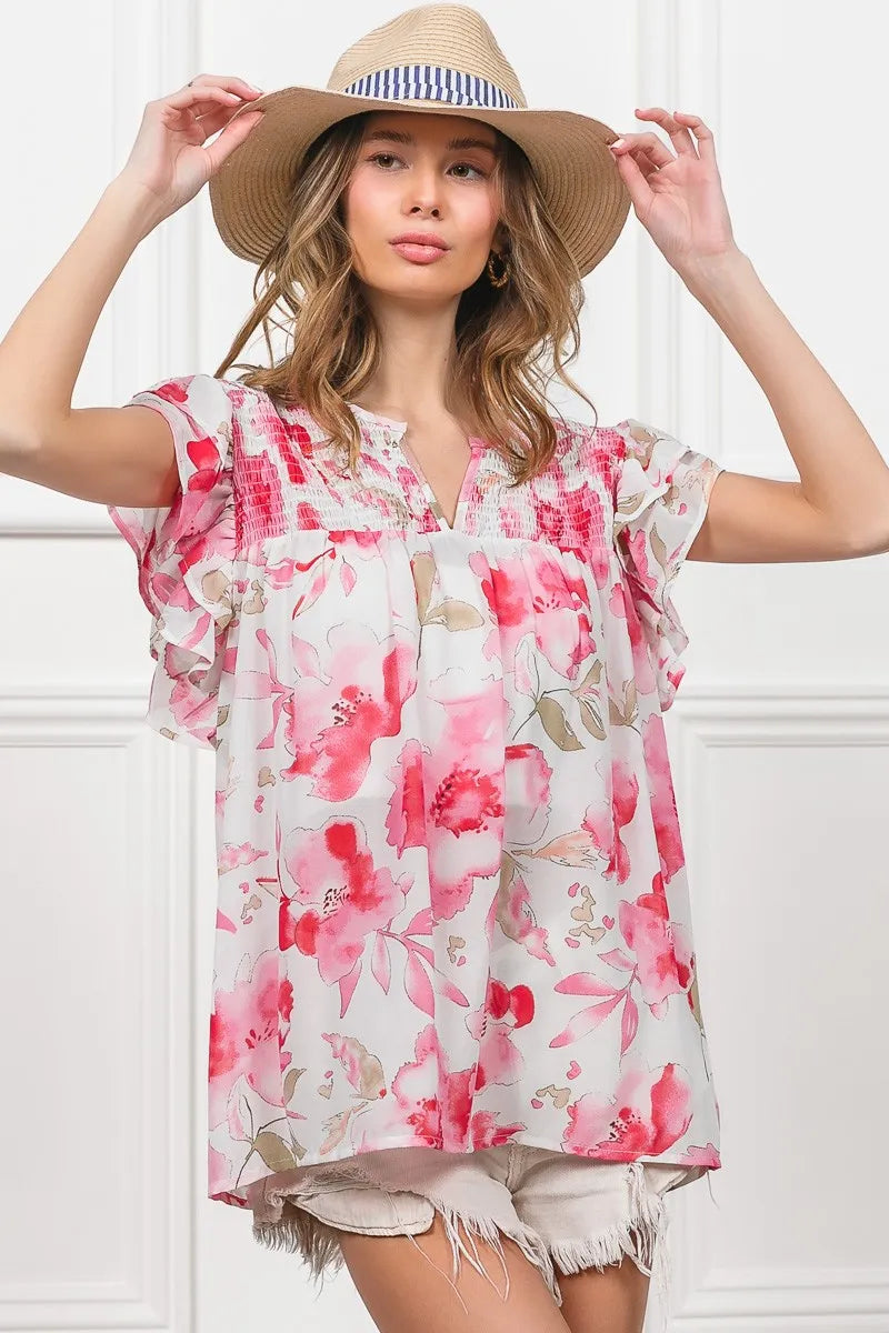 BiBi Floral Print Flutter Sheer Top Lightweight Boho Chic Blouse - NeoKira Unlimited