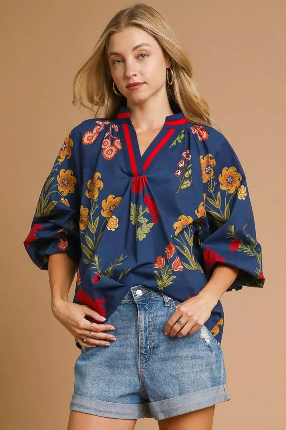 Umgee Floral Print Flounce Sleeve Blouse Boho Chic - NeoKira Unlimited