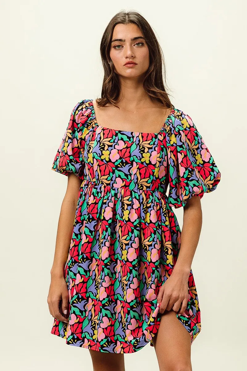 BiBi Tropical Boho Floral Print Puff Sleeve Square Neck Dress - NeoKira Unlimited