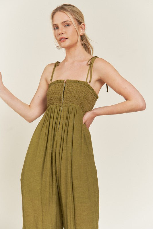 Jade By Jane Smocked Tie Strap Jumpsuit Jumpsuits Jade By Jane OLIVE S 