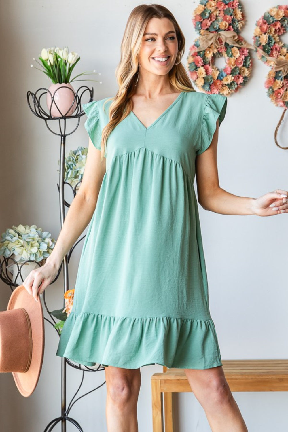 Heimish Full Size Short Sleeve V Neck Ruffled Hem Dress - NeoKira Unlimited