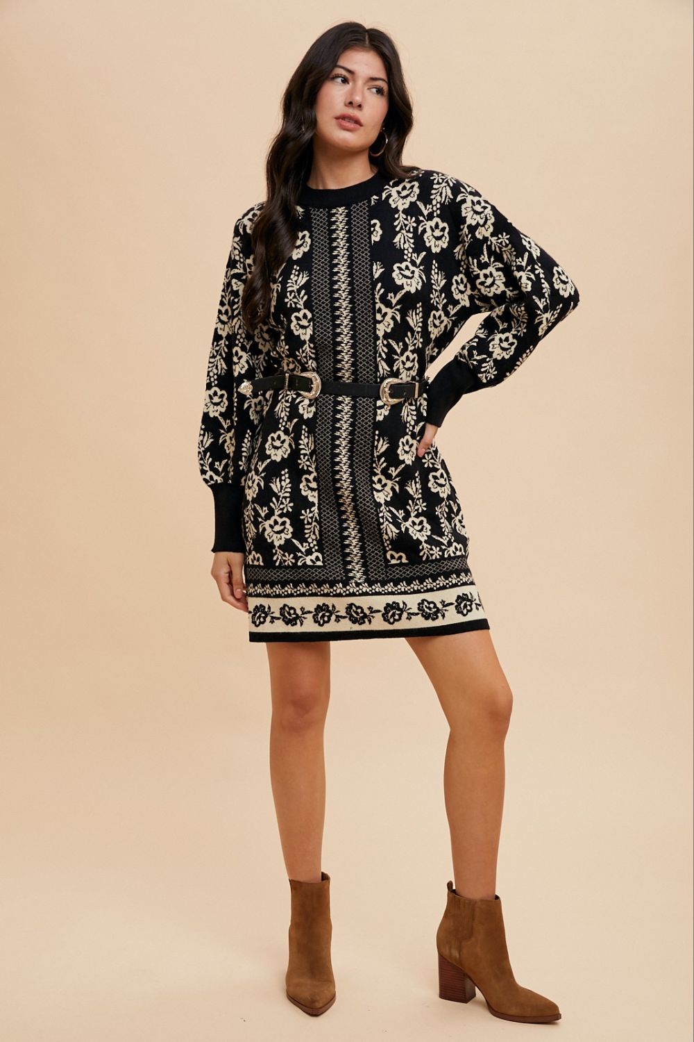 Annie Wear Floral Jacquard Round Neck Sweater Dress - NeoKira Unlimited