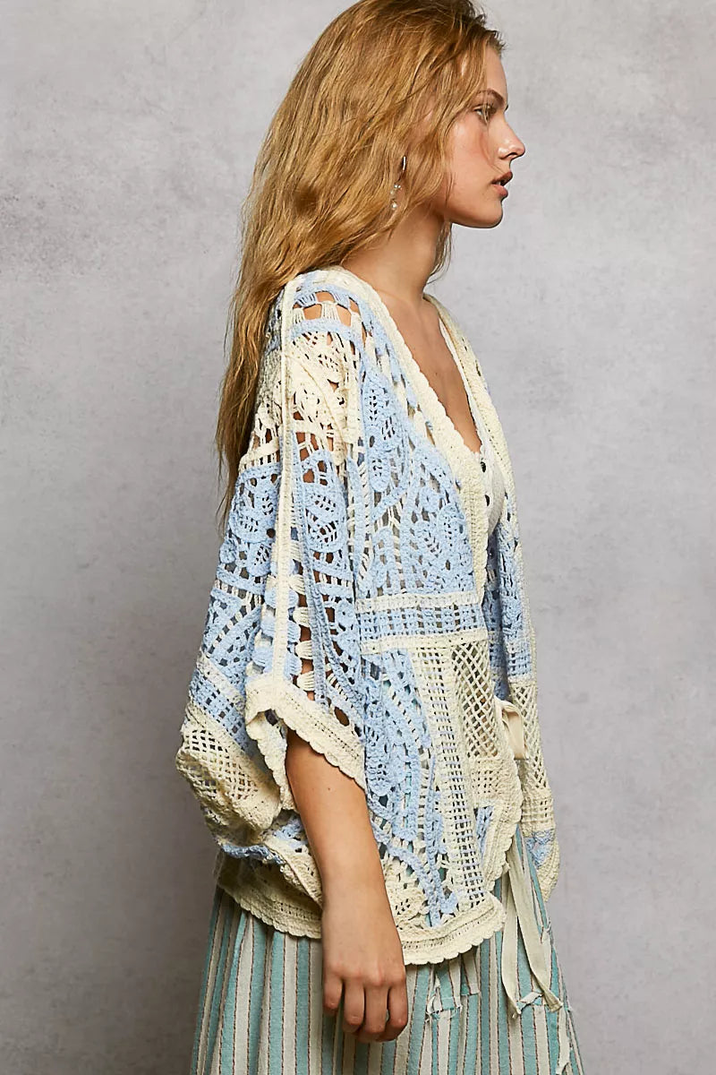 POL Open Front Crochet Cardigan with Scalloped Edge Boho Chic - NeoKira Unlimited