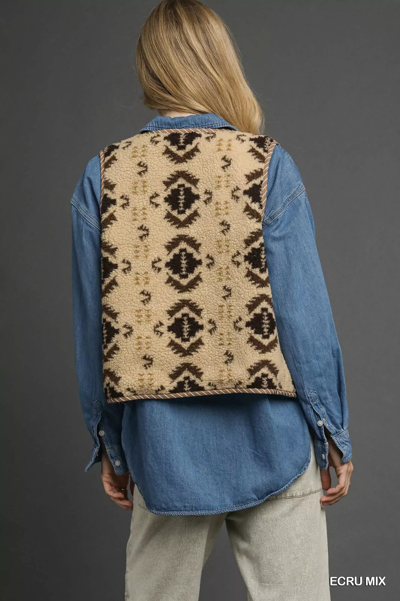 Umgee Mix Patterned Sherpa Tie-Front Vest Boho Winter Layer - NeoKira Unlimited