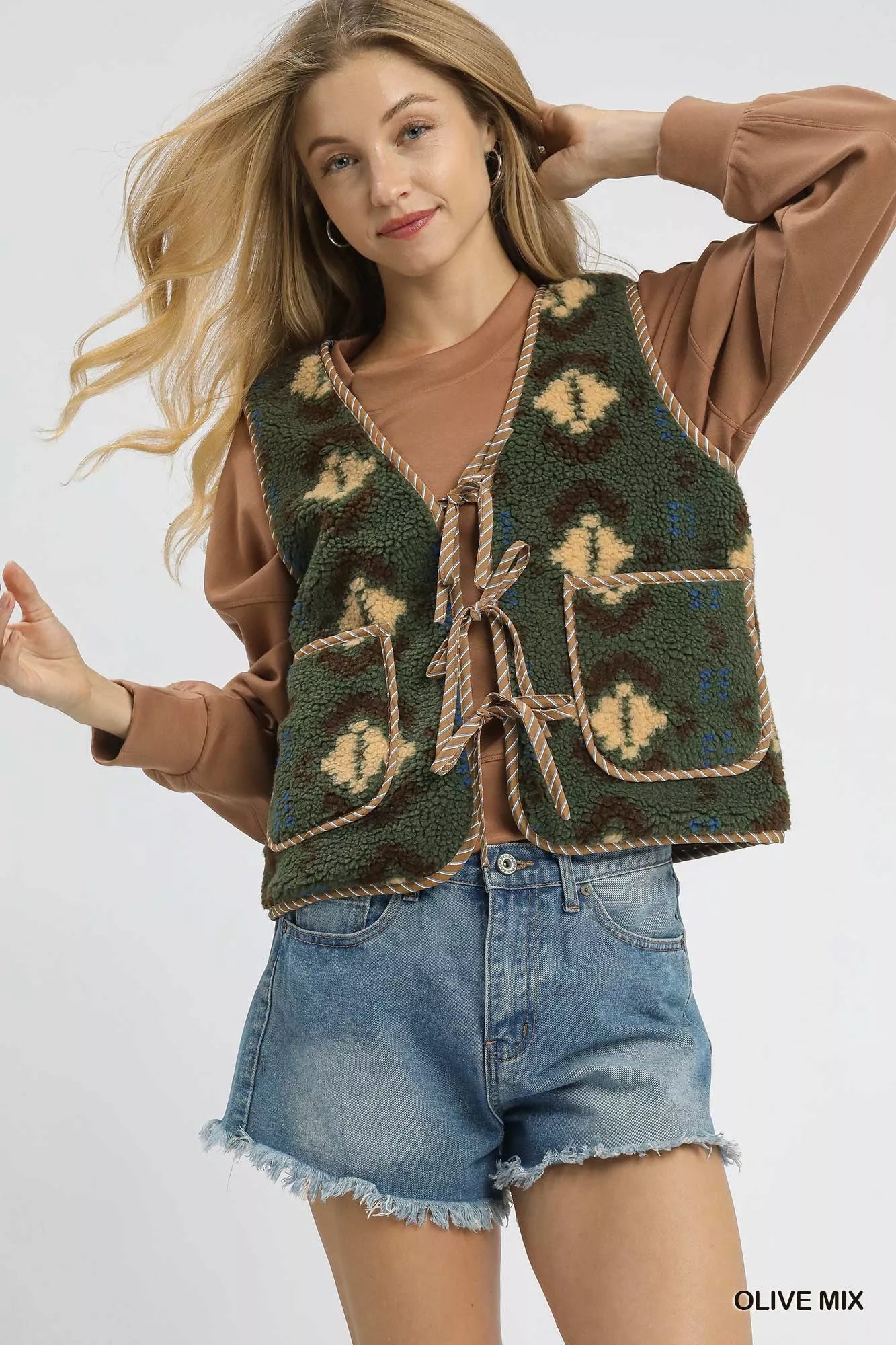 Umgee Mix Patterned Sherpa Tie-Front Vest Boho Western Style - NeoKira Unlimited