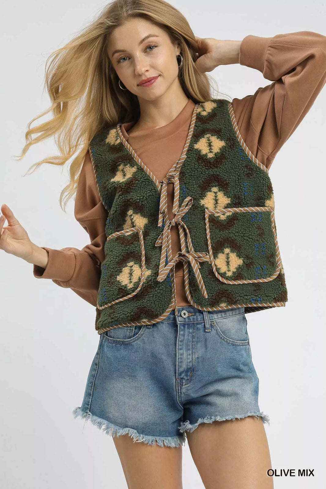 Umgee Mix Patterned Sherpa Tie-Front Vest Boho Western Style - NeoKira Unlimited