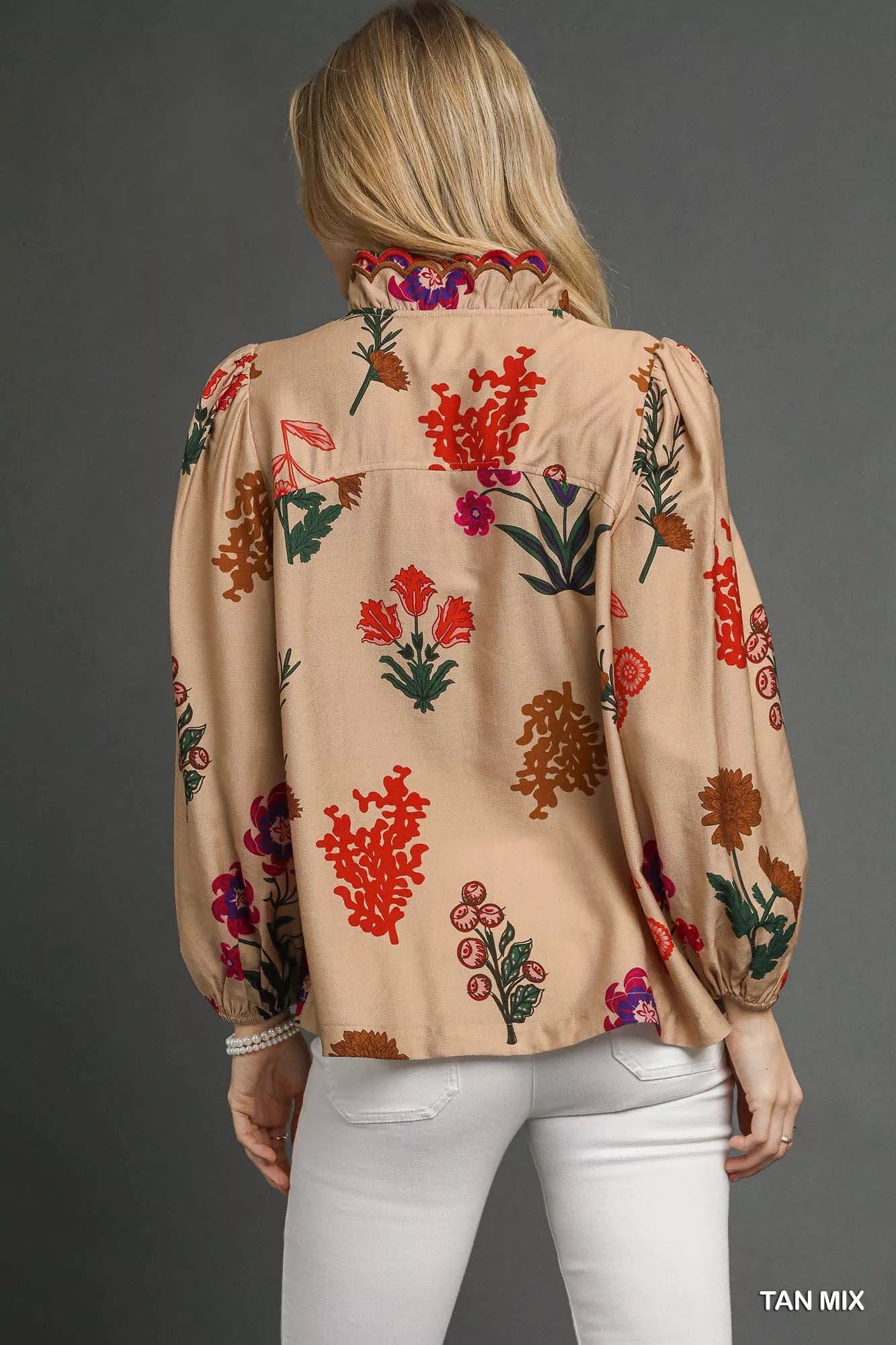 Umgee Flower Print Blouse with Scalloped Neckline Boho Chic - NeoKira Unlimited
