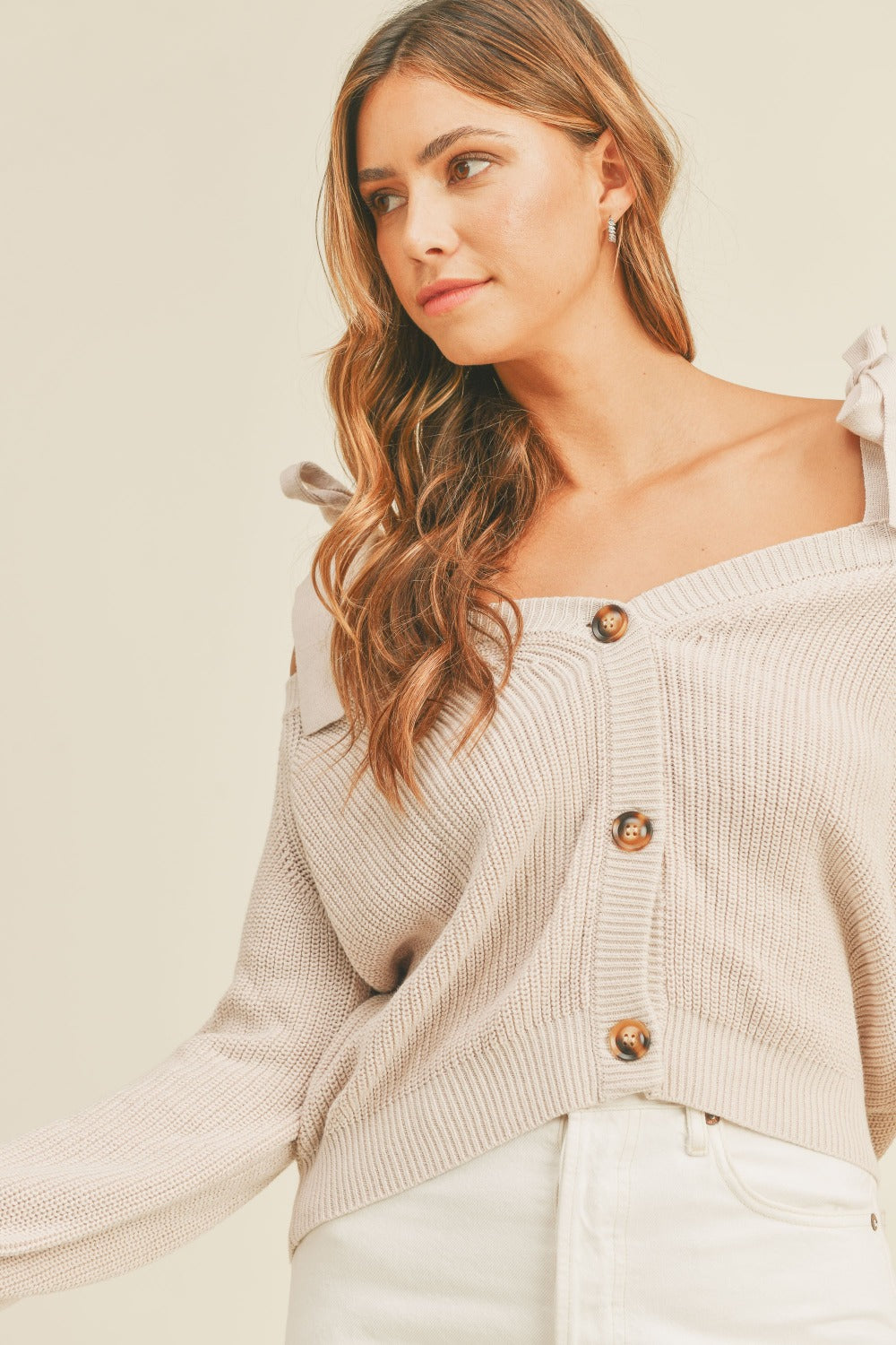 MABLE Off Shoulder Self Tie Strap Button Down Sweater - NeoKira Unlimited