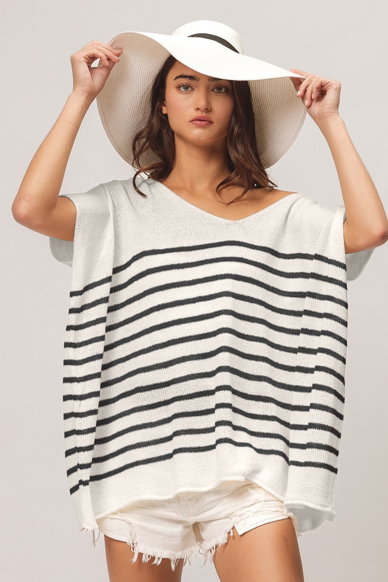 BiBi V Neck Striped Short Sleeve Top - NeoKira Unlimited
