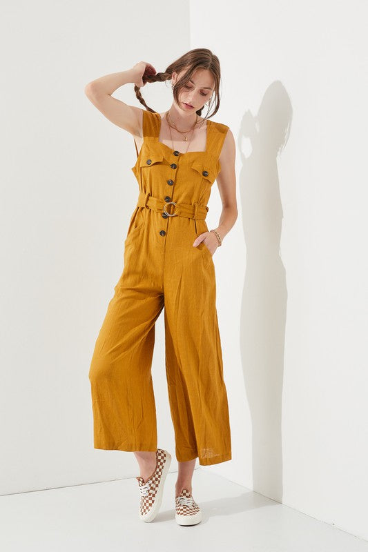Jade By Jane Linen Blend Belted Utility Jumpsuit | Effortless Boho Chic Style - NeoKira Unlimited