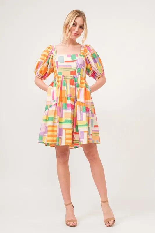 And The Why Square Neck Puff Sleeve Geo Printed Mini Dress - NeoKira Unlimited