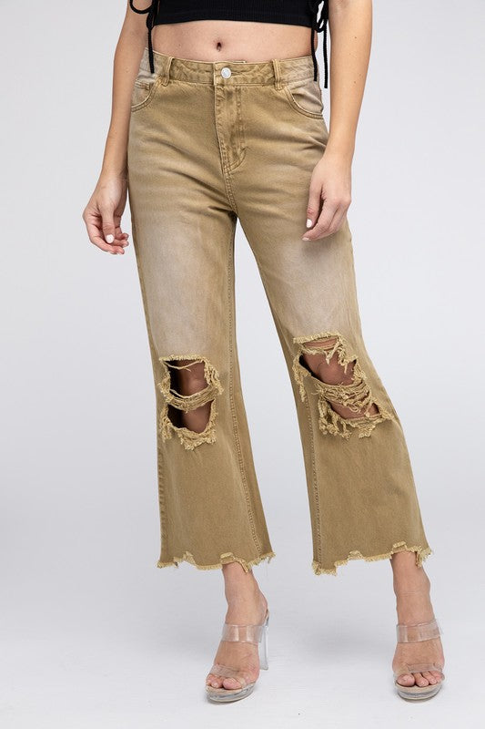 BiBi Distressed Vintage Washed Wide Leg Pants Jeans BiBi VINTAGE CAMEL S 