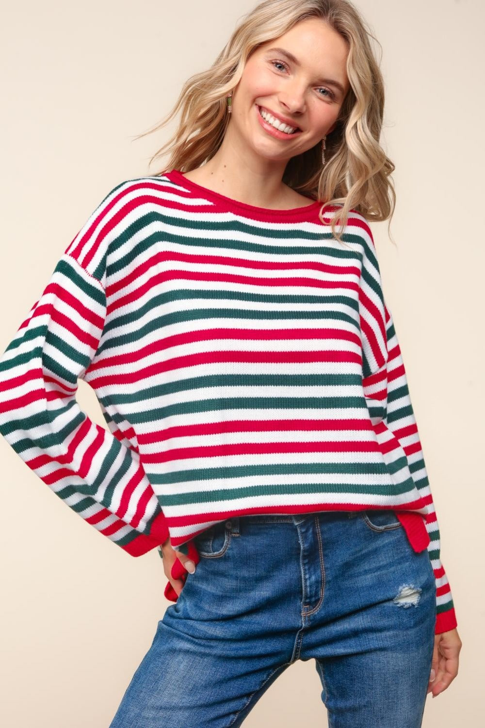 Haptics Full Size Striped Contrast Side Slit Knit Top - NeoKira Unlimited