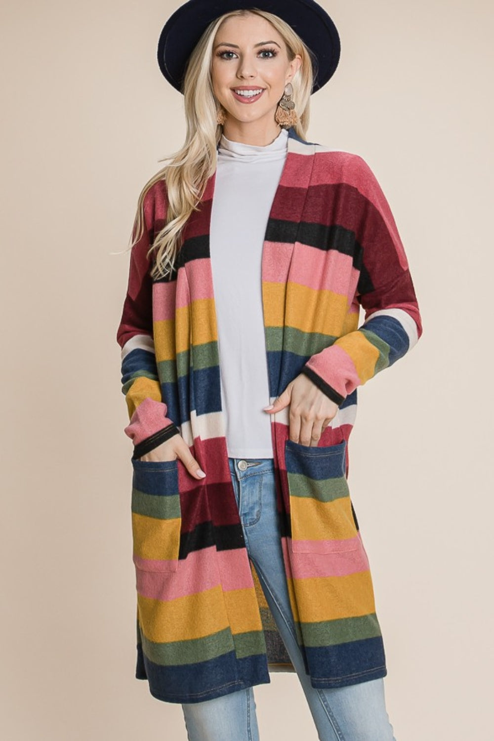 BOMBOM Color Block Striped Open Front Cardigan - NeoKira Unlimited