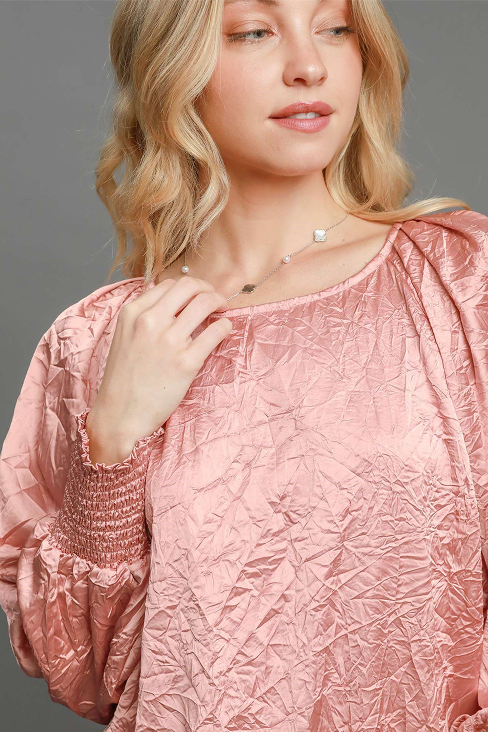 Umgee Wrinkled Round Neck Lantern Sleeve Blouse - NeoKira Unlimited