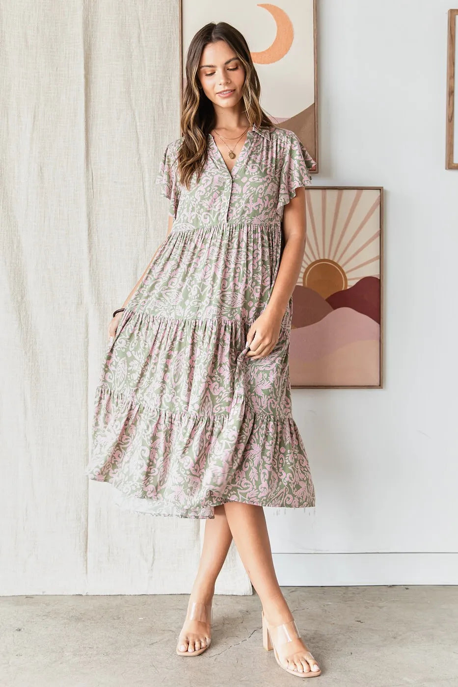 Mittoshop Abstract Print Ruffle Tier Midi Dress - NeoKira Unlimited