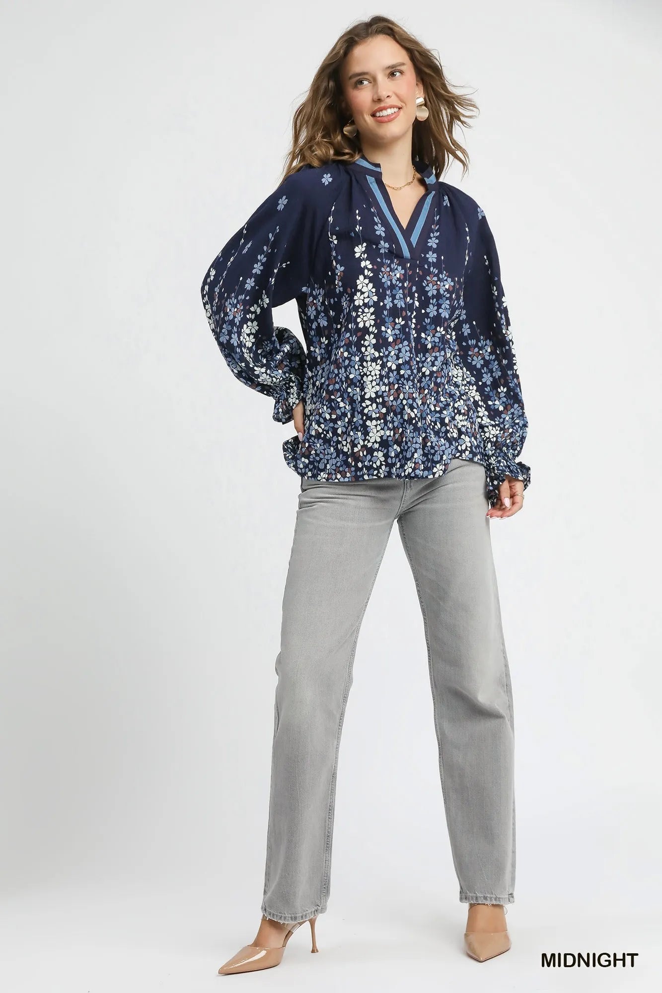 Umgee Floral Vine Print Blouse with Balloon Sleeves – Plus Size Boho Chic - NeoKira Unlimited