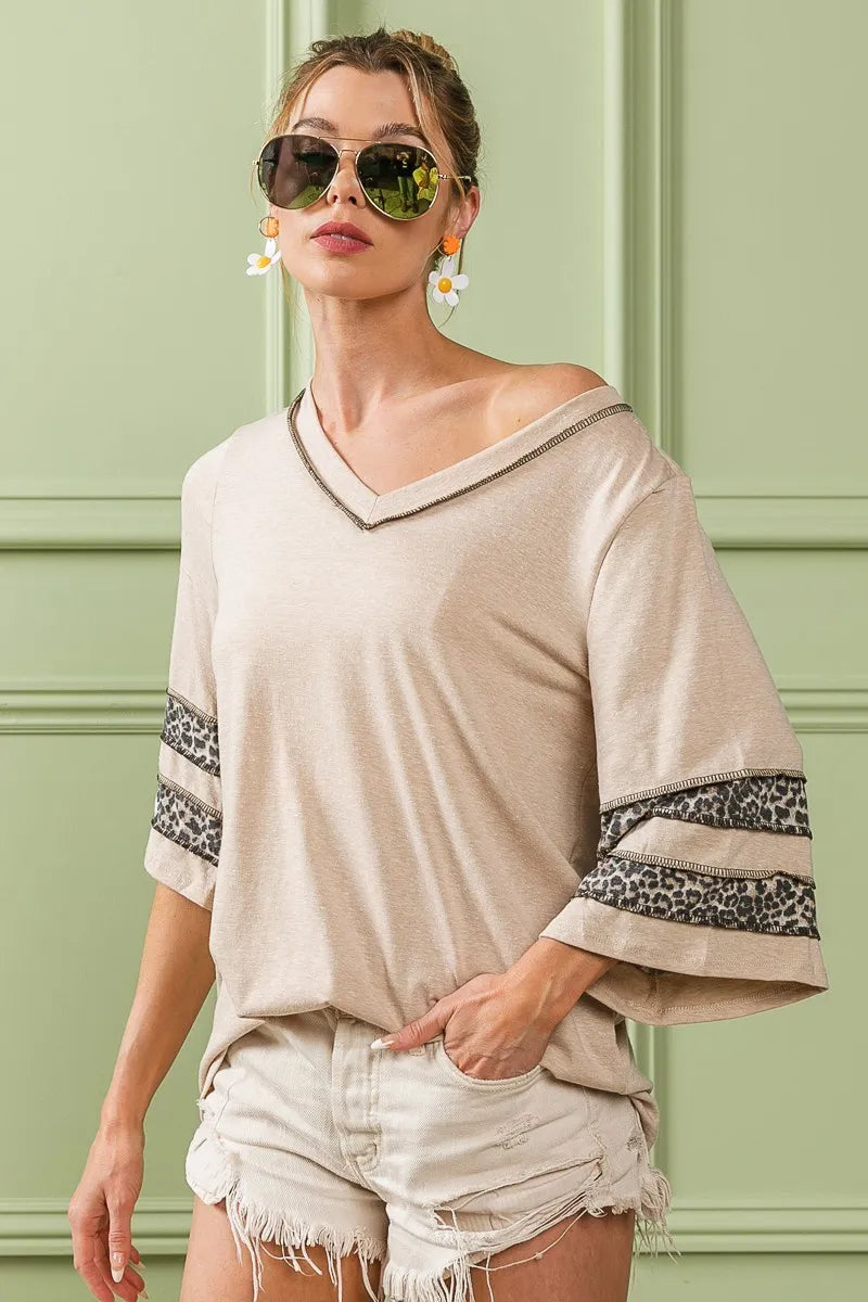 BiBi Triblend Knit Top with Leopard Band Detail - NeoKira Unlimited