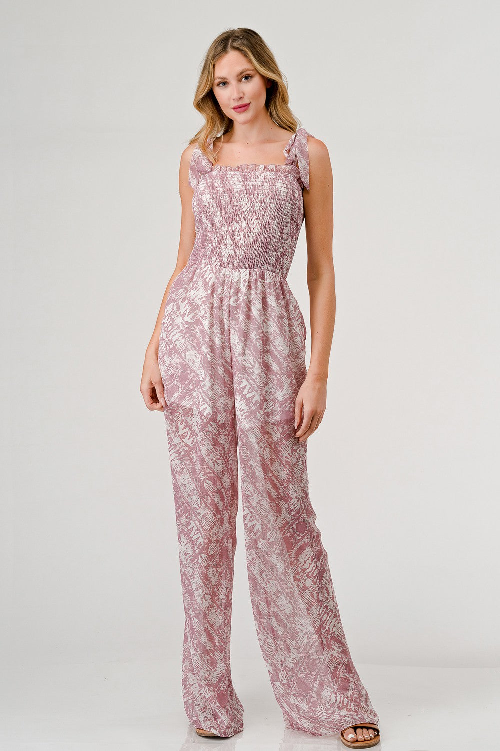 GeeGee Printed Tie Shoulder Wide Leg Jumpsuit Jumpsuits Trendsi Mauve S 