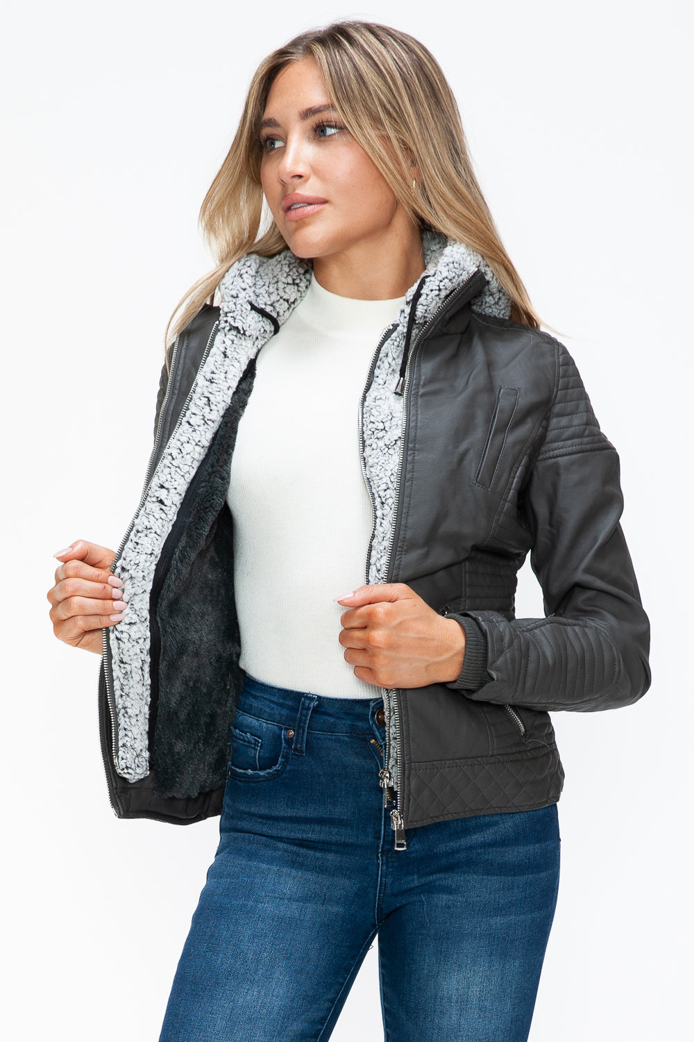 YMI Faux Layered Double-Zipper Jacket with Fuzzy Hood - NeoKira Unlimited