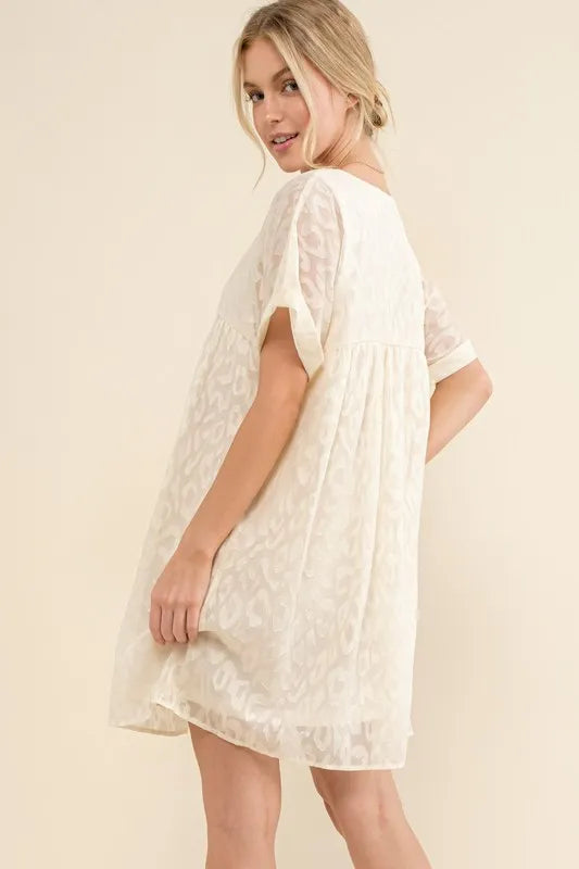 And The Why Woven Leopard Baby Doll Roll-Sleeve Casual Dress - NeoKira Unlimited