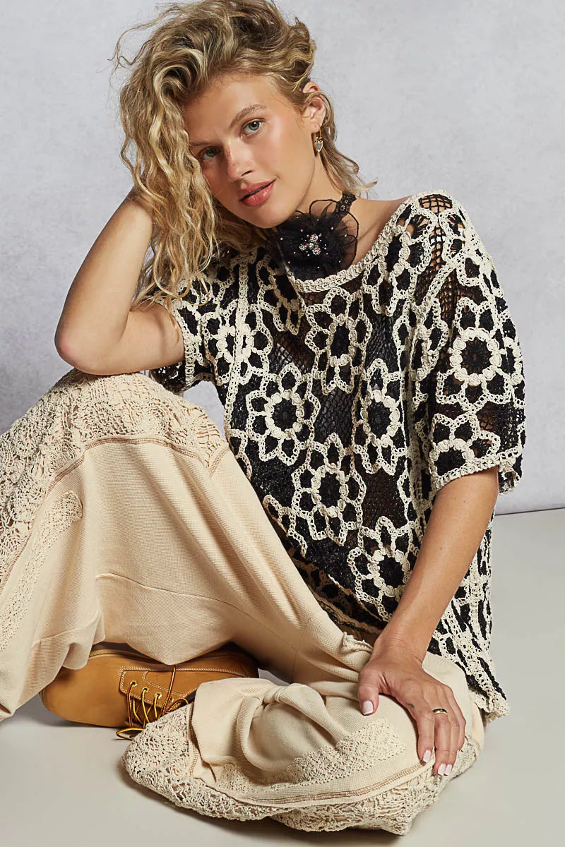 POL Openwork Short Sleeve Crochet Knit Top – Boho Chic Knitwear - NeoKira Unlimited