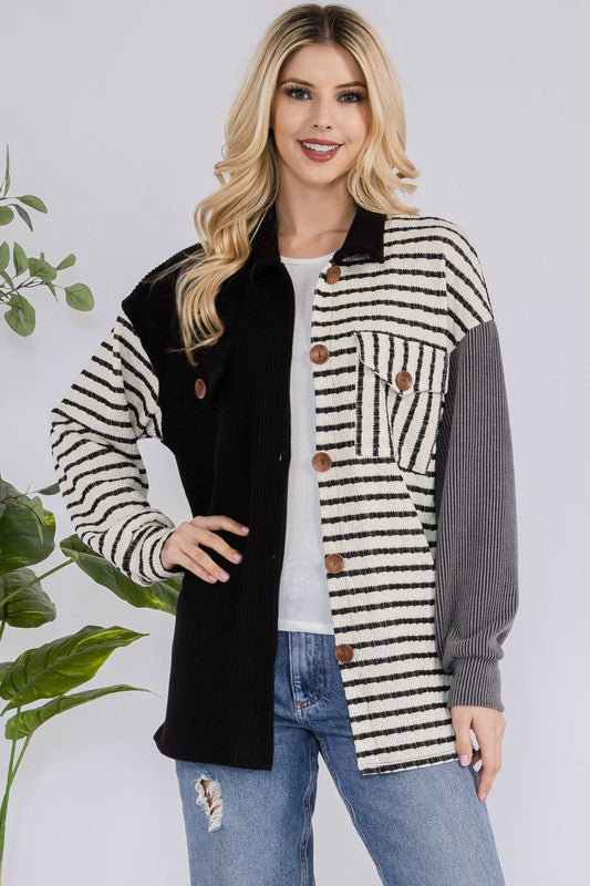 Celeste Full Size Striped Button Up Dropped Shoulder Shacket - NeoKira Unlimited