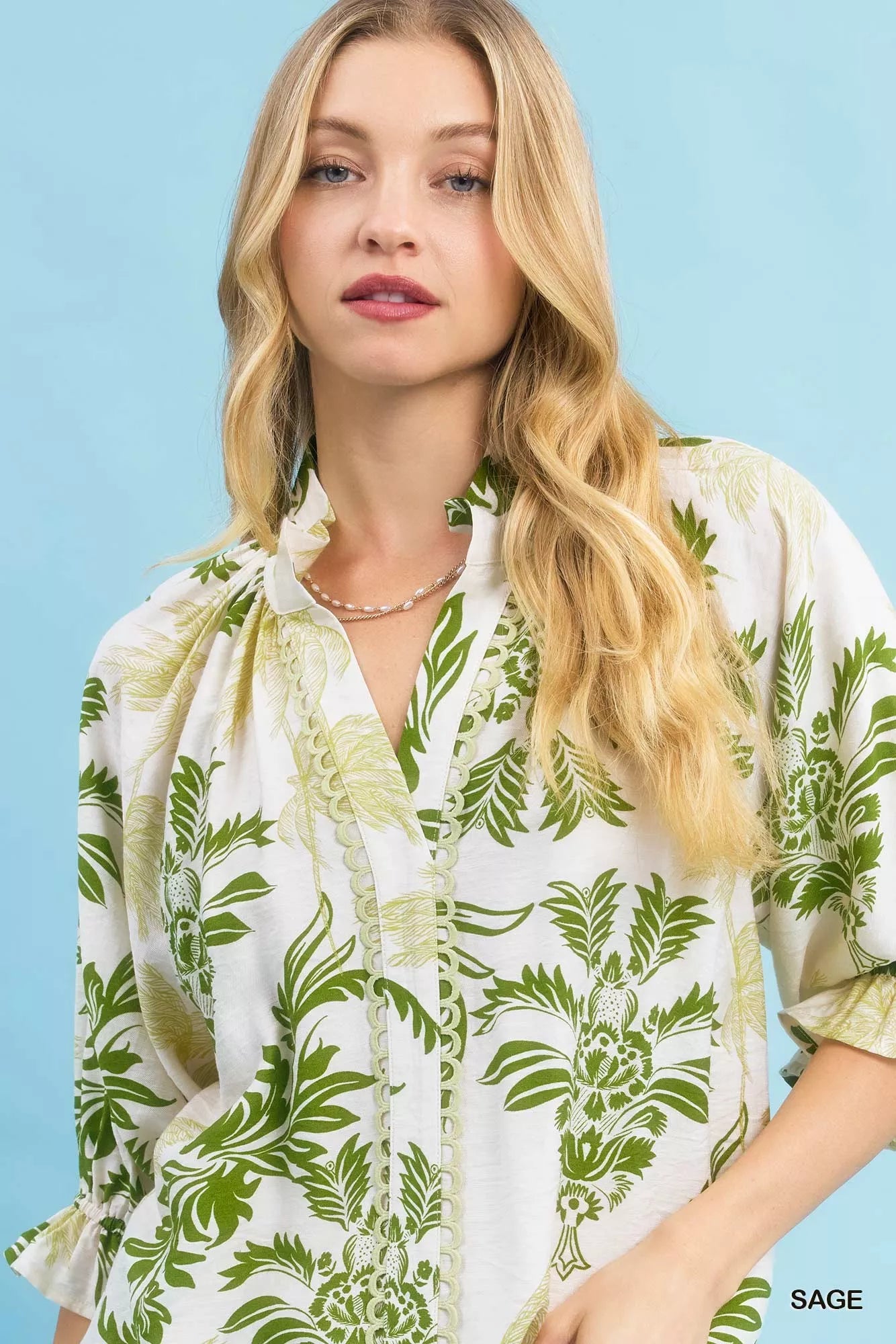 Umgee Leafy Damask Print Blouse with Contrast Scalloped Trim Boho Chic - NeoKira Unlimited