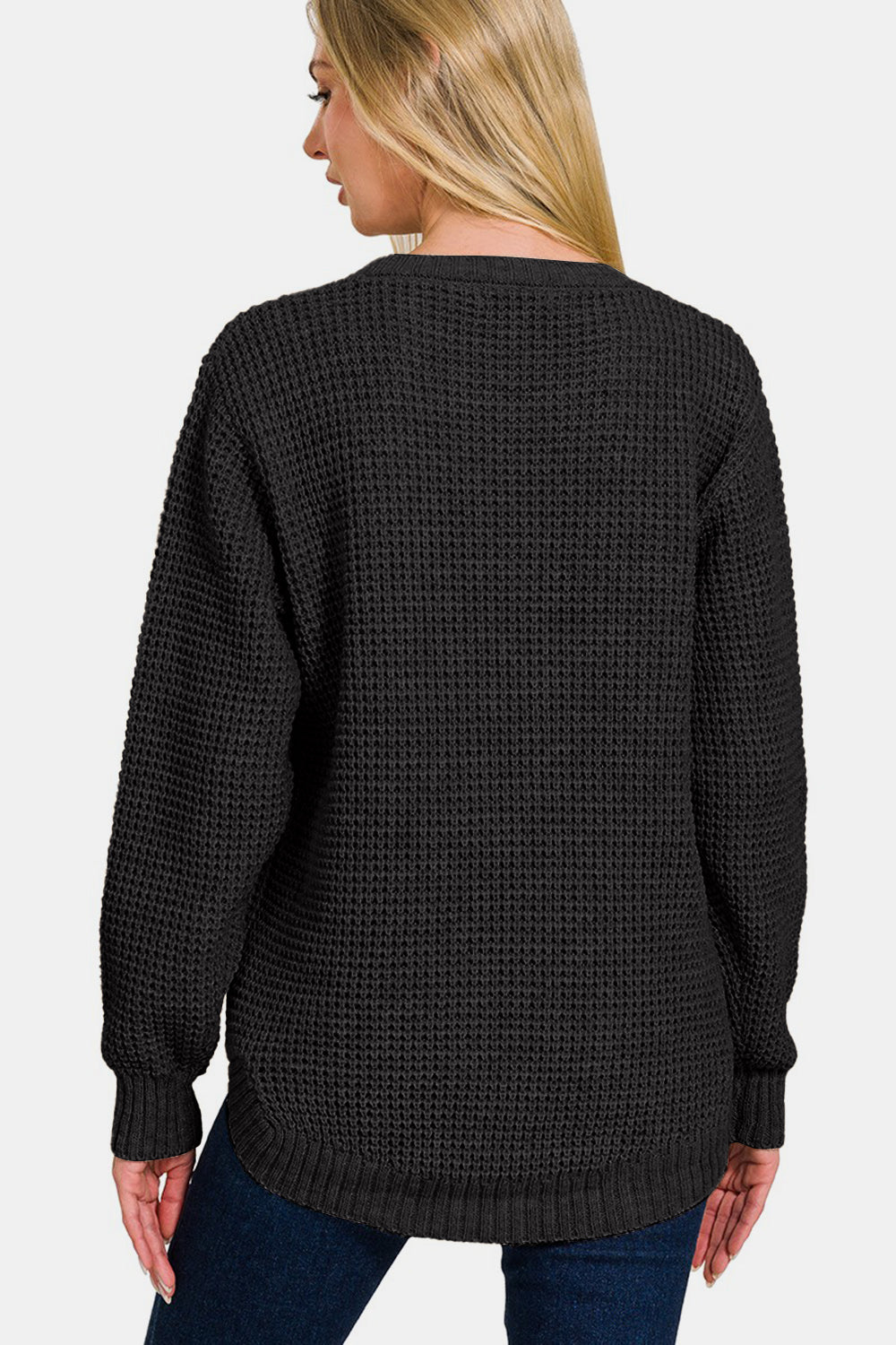 Zenana High Low Long Sleeve Waffle Sweater Sweater Trendsi   