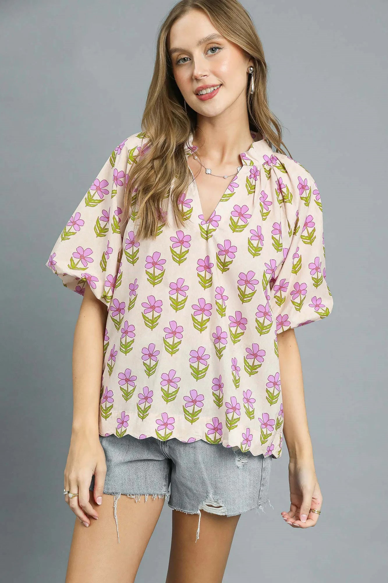 Umgee Floral Print Oversized Flutter Puff Sleeve Cotton Blouse - NeoKira Unlimited