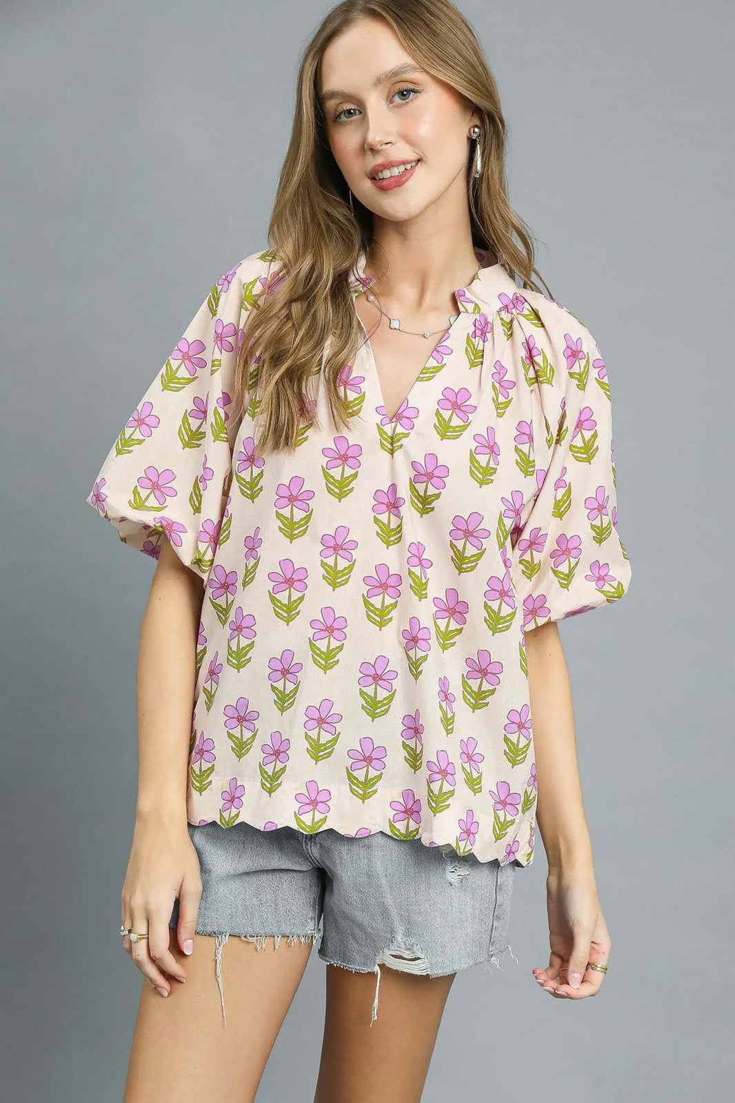 Umgee Floral Print Oversized Flutter Puff Sleeve Cotton Blouse - NeoKira Unlimited