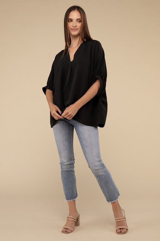 Woven Airflow V-Neck Puff Half Sleeve Top - NeoKira Unlimited