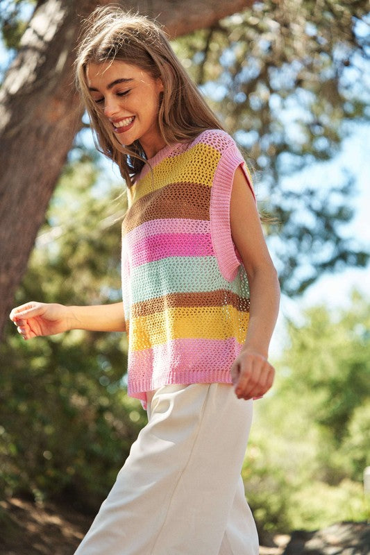 Crochet Multi Striped Pullover Knit Sweater Vest Sweater Vest Davi & Dani   