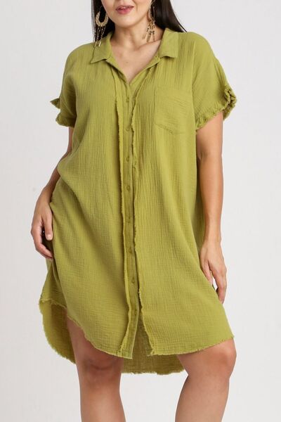 Umgee Full Size Raw Hem Button Down Short Sleeve Gauze Shirt Dress Plus Size - NeoKira Unlimited