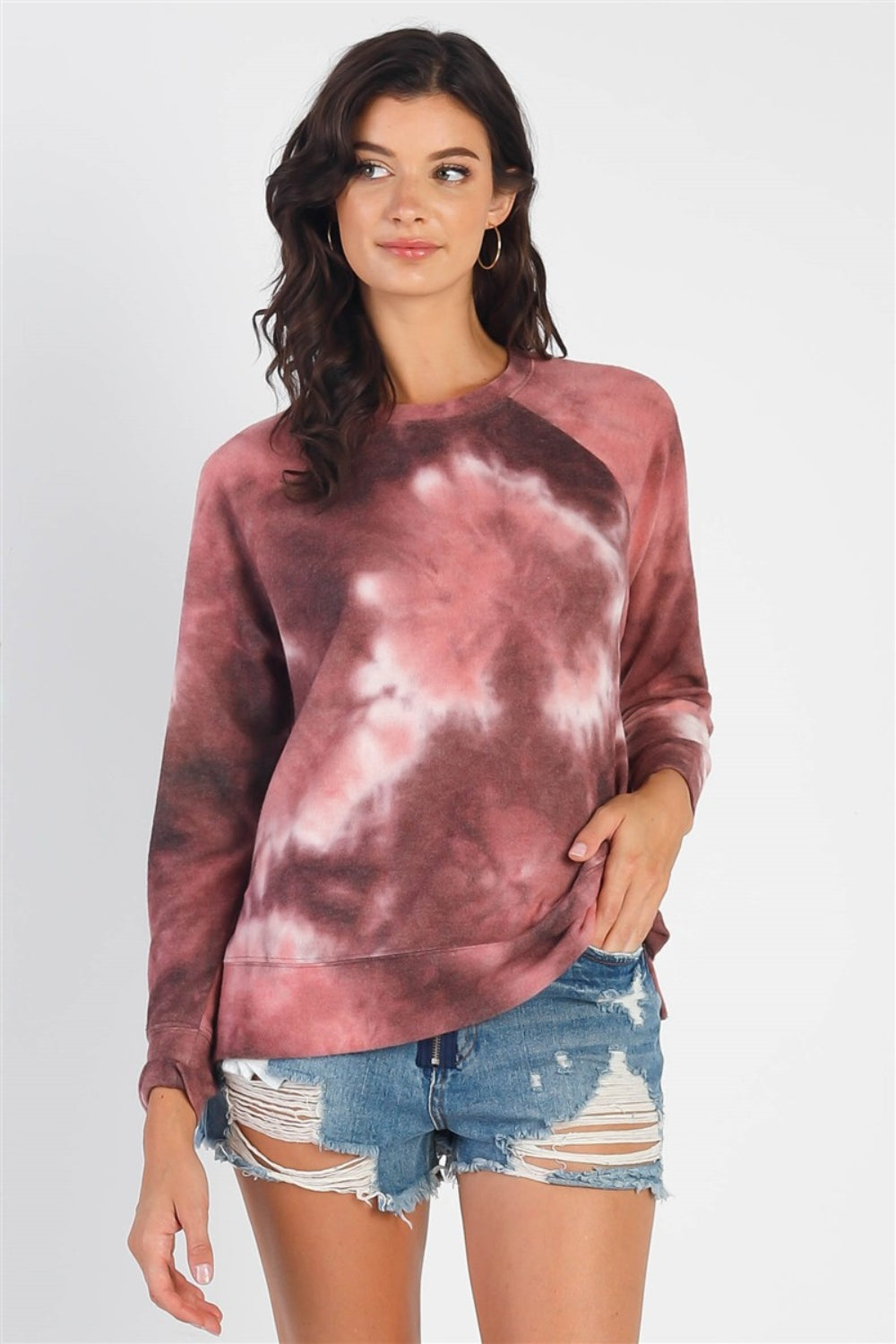 Cherish Apparel Tie-Dye Round Neck Long Sleeve Sweatshirt Sweatshirt Trendsi Mauve S 