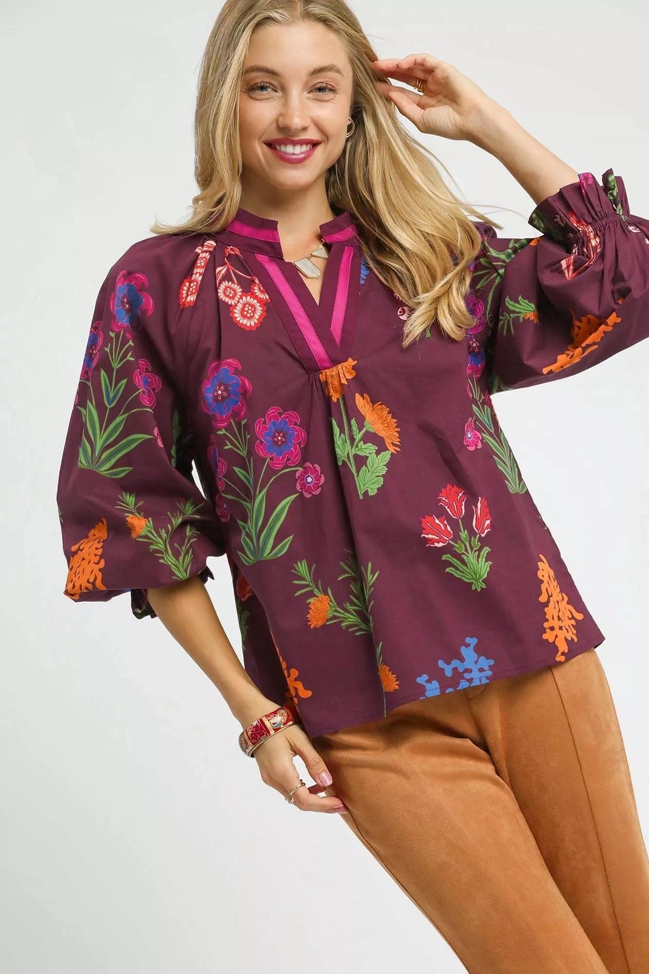 Umgee Floral Print Flounce Sleeve Blouse Boho Chic - NeoKira Unlimited