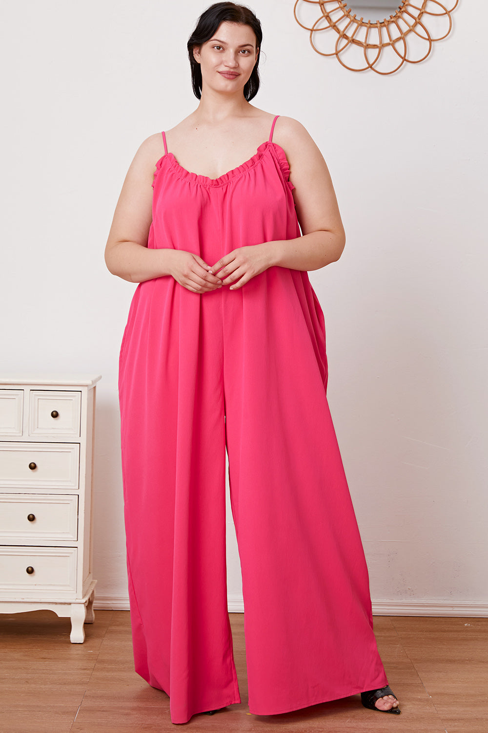 Double Take Full Size Ruffle Trim Tie Back Cami Jumpsuit with Pockets - NeoKira Unlimited