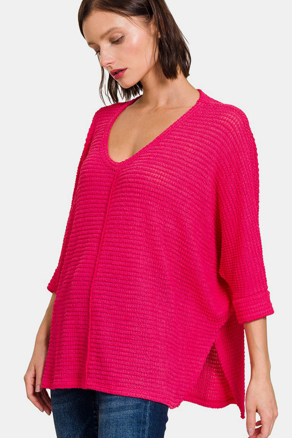 Zenana V-Neck High-Low Jacquard Knit Top Top Trendsi Viva Magenta S/M 