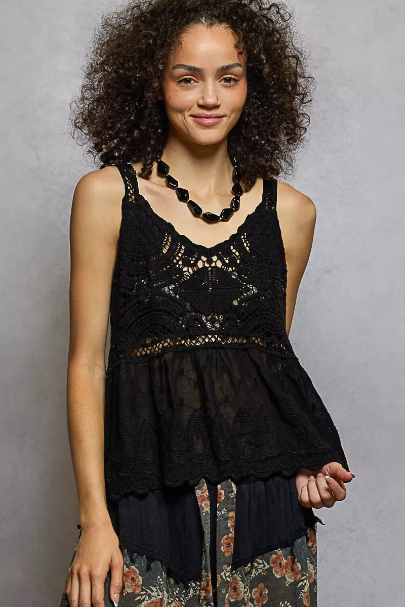 POL V-Neck Crochet Tank with Floral Embroidery Boho Chic Style - NeoKira Unlimited