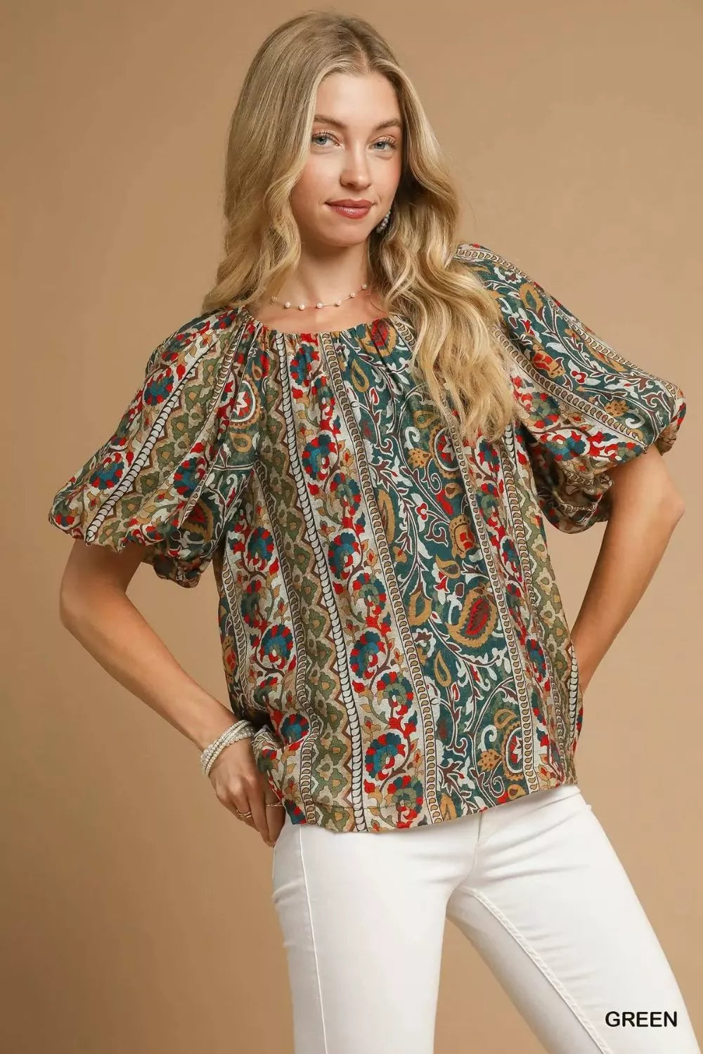 Umgee Boho Floral Stripe Puff Sleeve Blouse - NeoKira Unlimited
