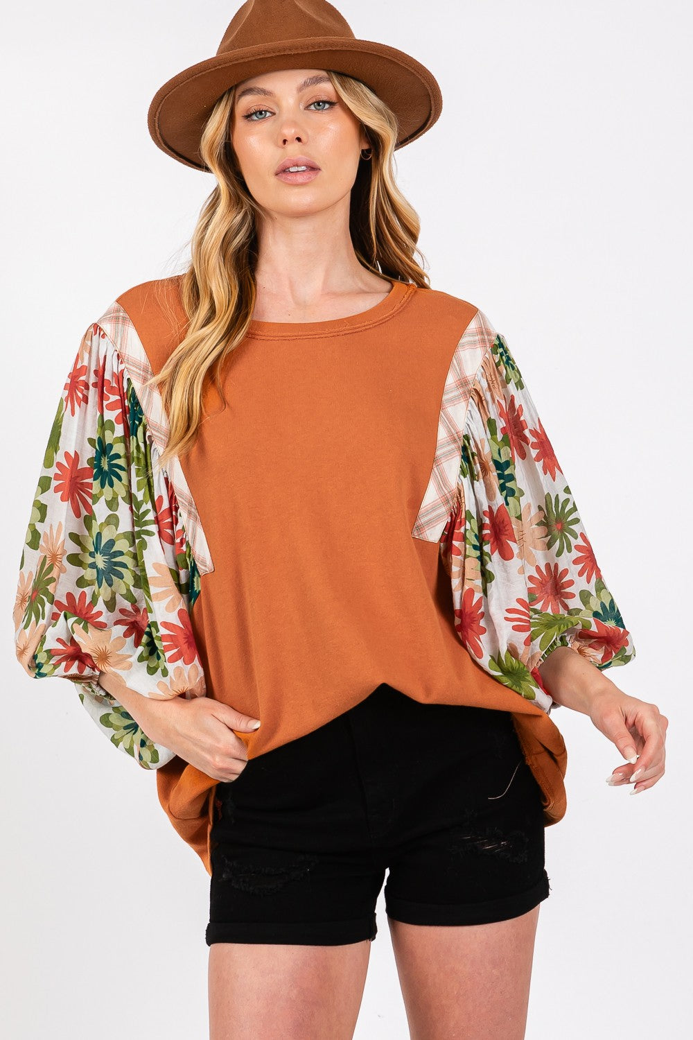 SAGE + FIG Full Size Printed Balloon Sleeve Contrast Top Top Trendsi Caramel S 