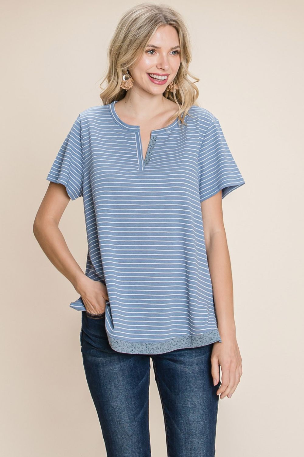 Cotton Bleu by Nu Lab Slit Striped Notched Short Sleeve T-Shirt - NeoKira Unlimited