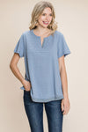 Cotton Bleu by Nu Lab Slit Striped Notched Short Sleeve T-Shirt T-Shirt Trendsi   