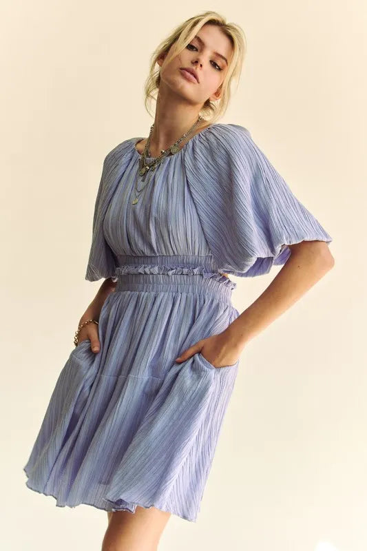 Davi & Dani Back Button Puff Sleeve Mini Dress - NeoKira Unlimited