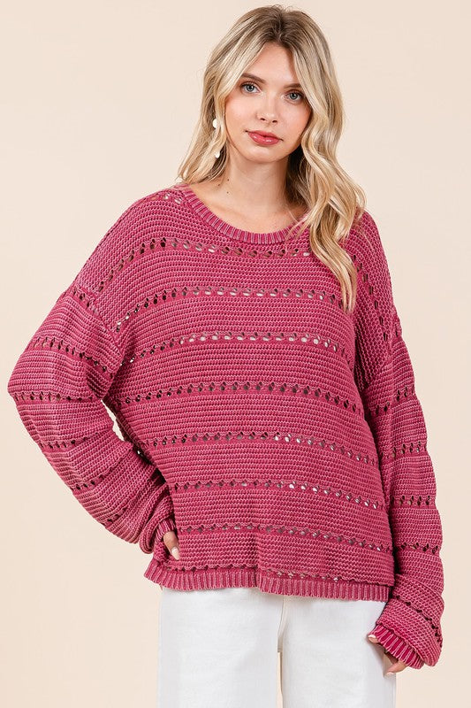 Mittoshop Openwork Round Neck Drop Shoulder Sweater - NeoKira Unlimited