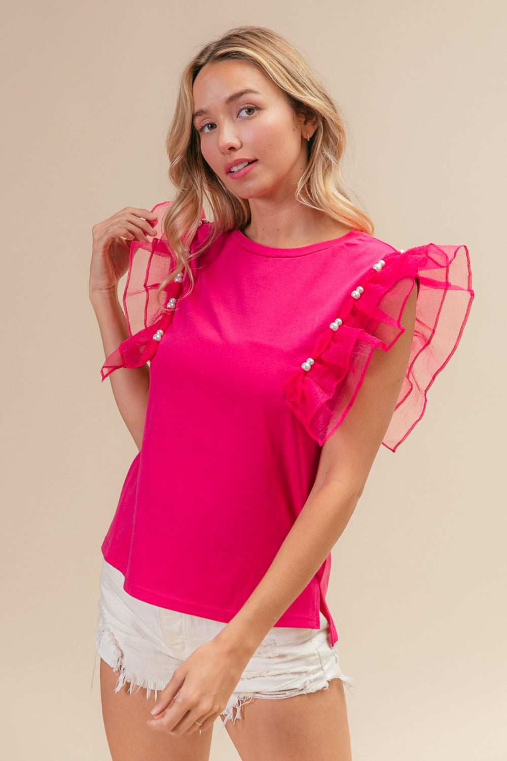 BiBi Pearl Decor Mesh Ruffle Sleeve Top Top Trendsi   