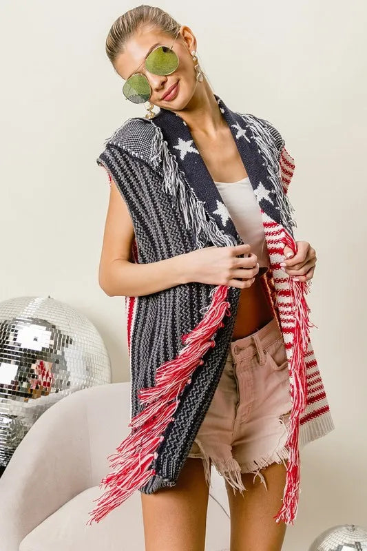 BiBi American Flag Fringe Edged Sweater Vest - NeoKira Unlimited